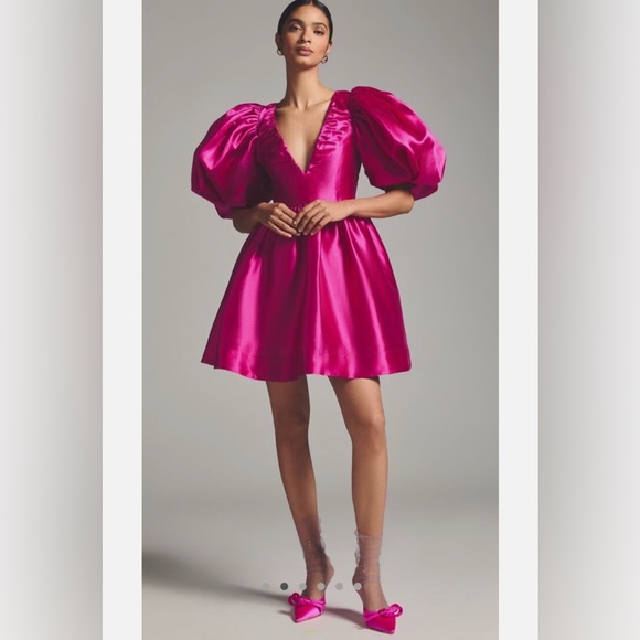 Anthropologie Aureta Studio Erica Puff Sleeve Mini Dress – Hot PinkSize S